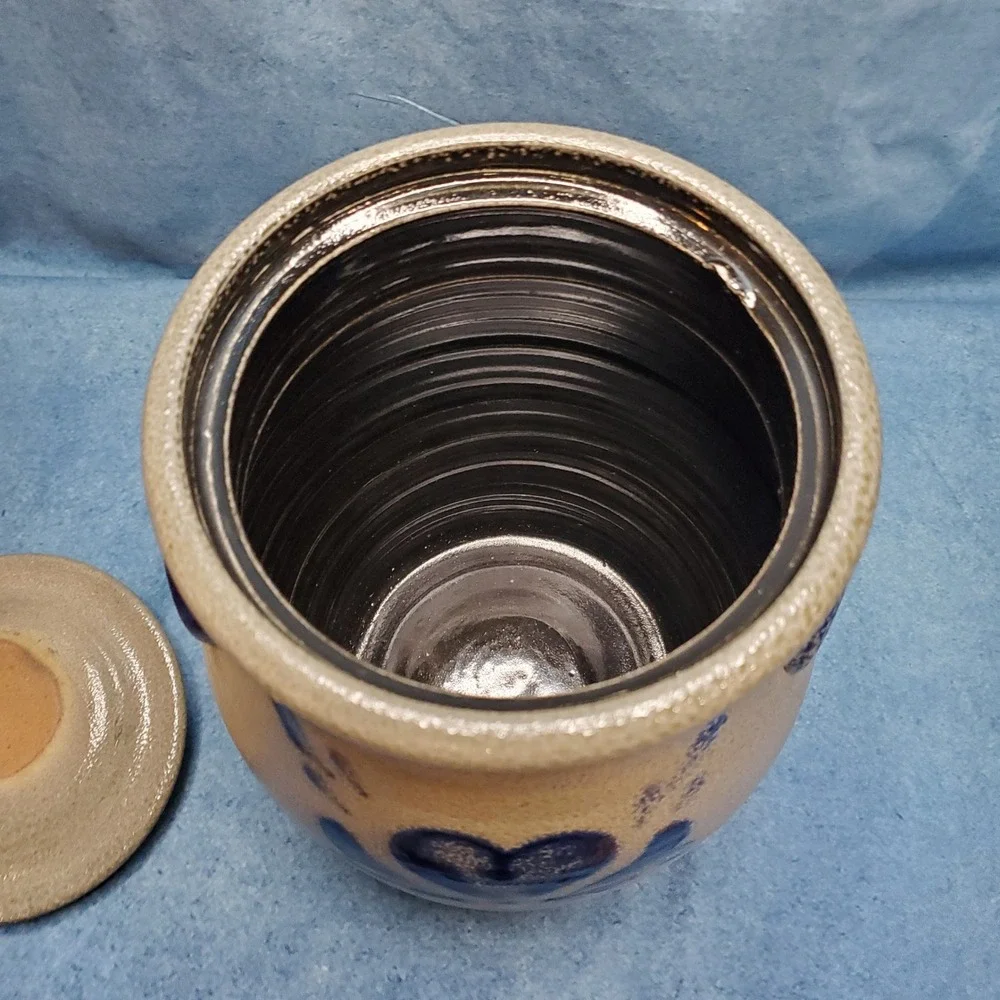 Vintage Rowe Pottery Works Salt Glaze Canister Crock w/Lid Blue Heart Motif 1999